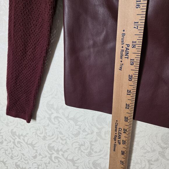 Sioni Milano Faux Leather Jacket sz S Merlot Zip Up Open Knit Sleeve Rhinestone - Picture 15 of 16